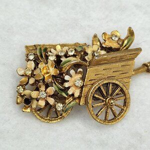 VTG 60s Signed BSK My Fair Lady Flower Cart Gold Tone Crystal Rhinestone Brooch